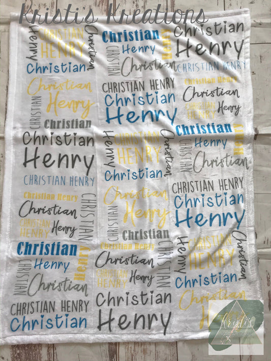 Yellow, Blue, & Gray Name Baby Blanket